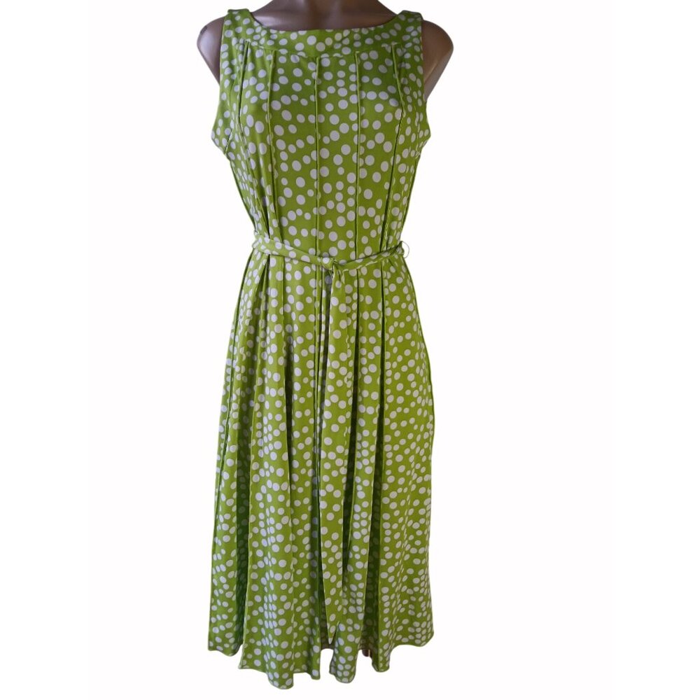 Ile New York Green White Polka Dot Midi Dress Size 10 Belted Waist Piped Seams